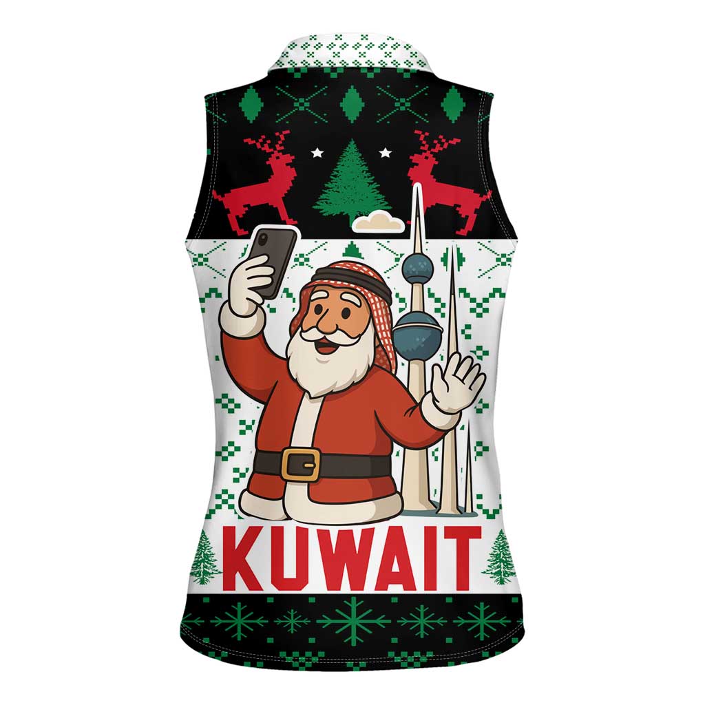 Kuwait Christmas Women Sleeveless Polo Shirt with Santa Taking Selfie Kuwait Towers Reindeer and Snowflake - Wonder Print Shop