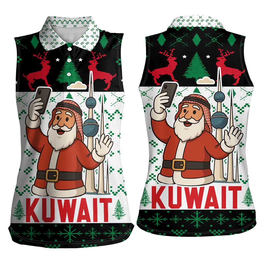 Kuwait Christmas Women Sleeveless Polo Shirt with Santa Taking Selfie Kuwait Towers Reindeer and Snowflake - Wonder Print Shop