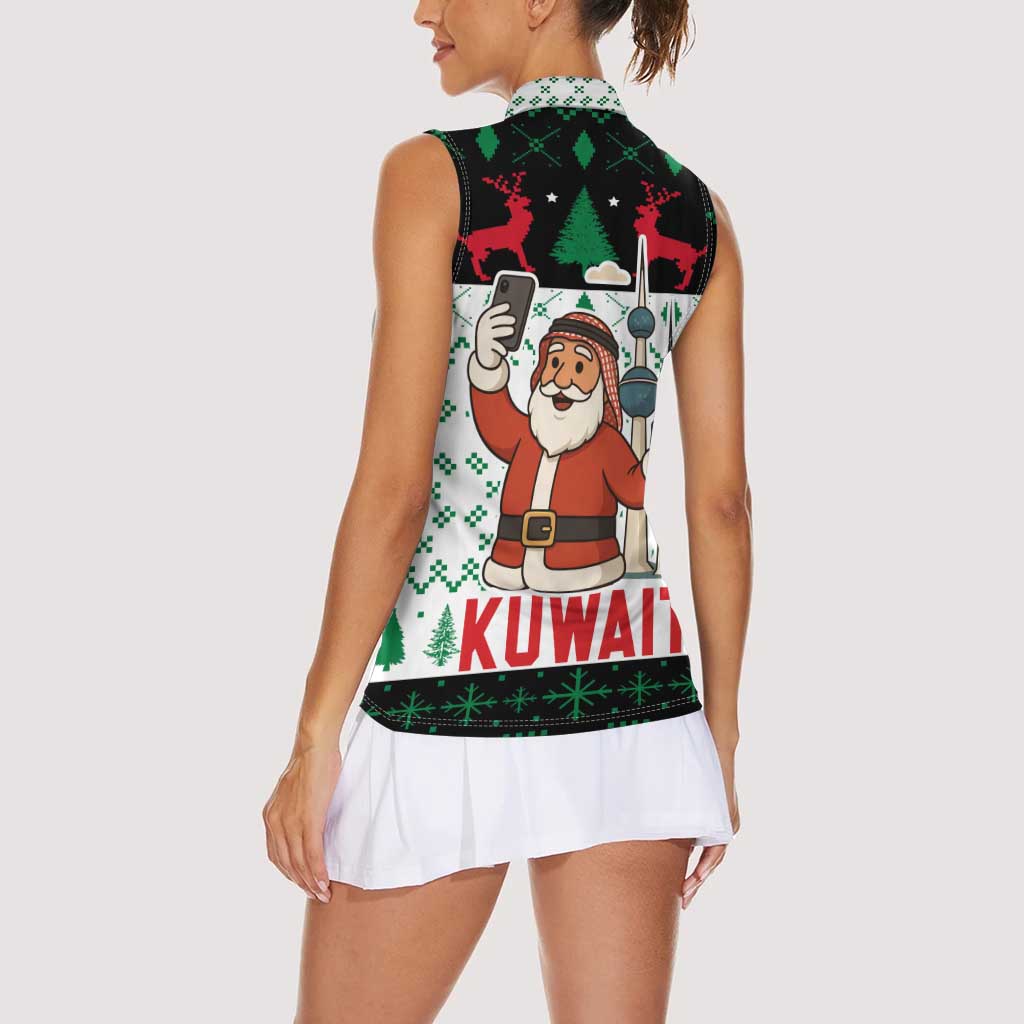 Kuwait Christmas Women Sleeveless Polo Shirt with Santa Taking Selfie Kuwait Towers Reindeer and Snowflake - Wonder Print Shop