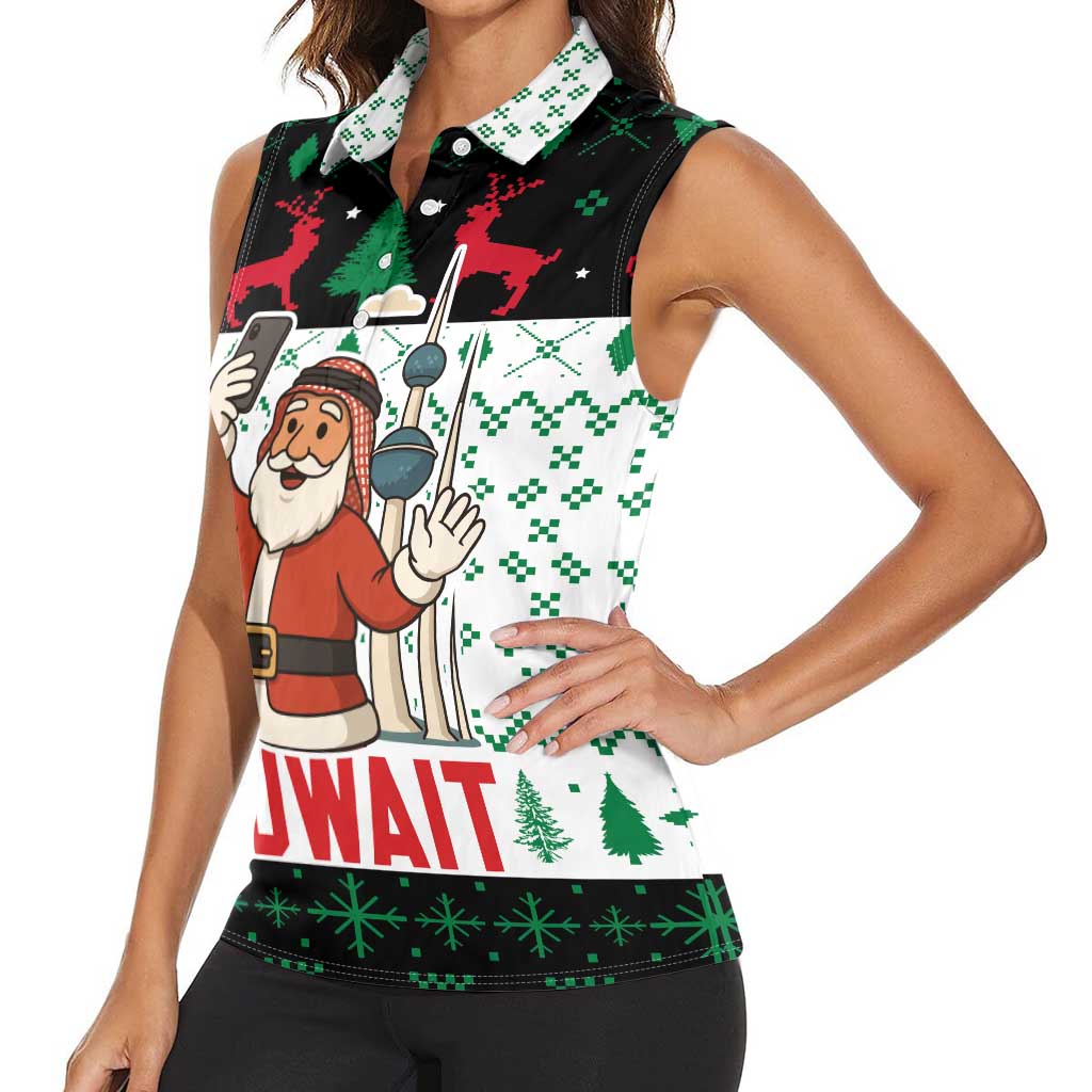 Kuwait Christmas Women Sleeveless Polo Shirt with Santa Taking Selfie Kuwait Towers Reindeer and Snowflake - Wonder Print Shop