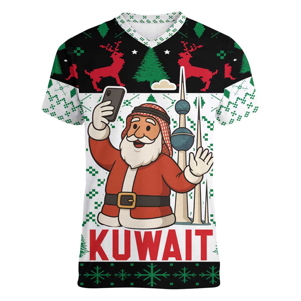 Kuwait Christmas Women V-Neck T-Shirt with Santa Taking Selfie Kuwait Towers Reindeer and Snowflake - Wonder Print Shop