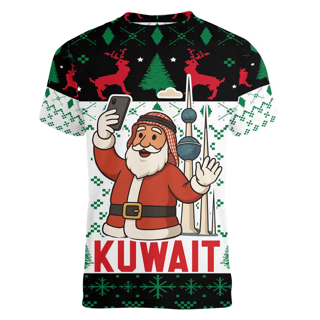 Kuwait Christmas Women V-Neck T-Shirt with Santa Taking Selfie Kuwait Towers Reindeer and Snowflake - Wonder Print Shop
