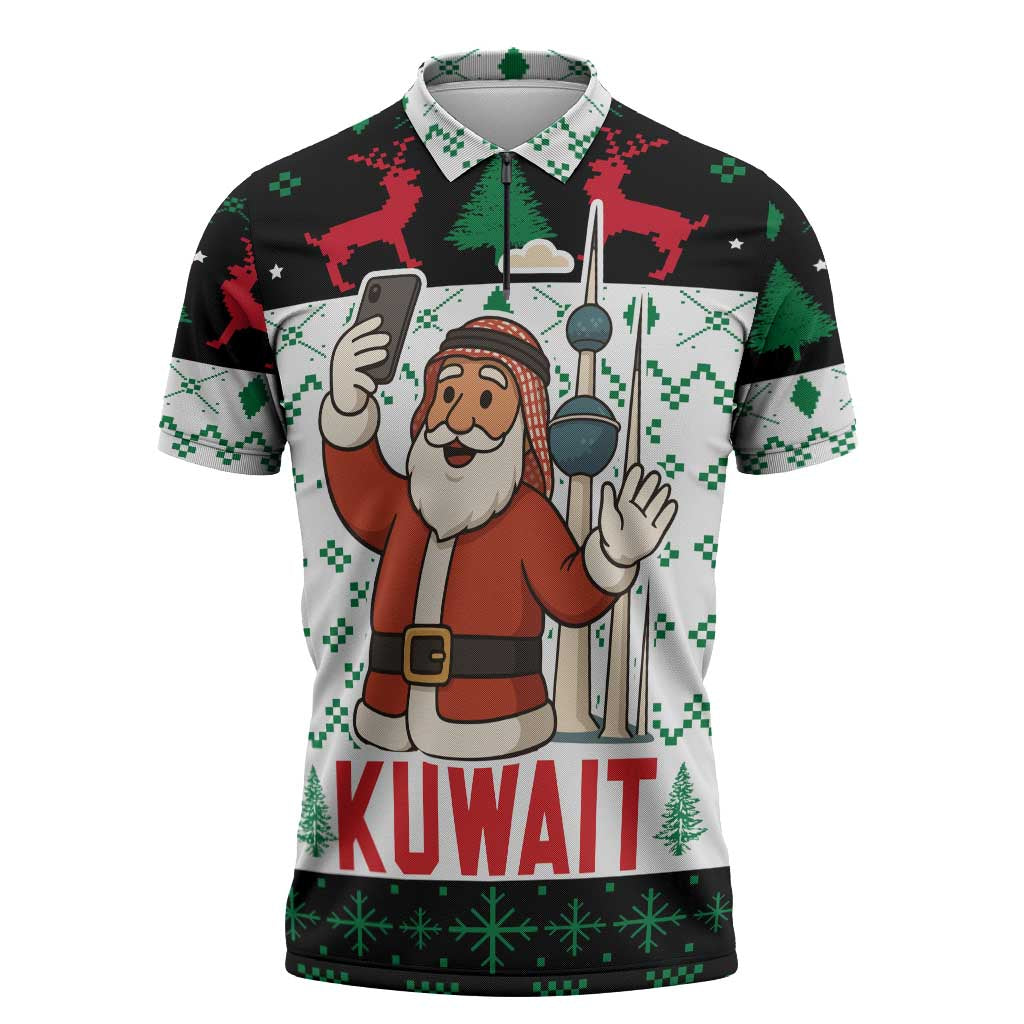 Kuwait Christmas Zipper Polo Shirt with Santa Taking Selfie Kuwait Towers Reindeer and Snowflake - Wonder Print Shop