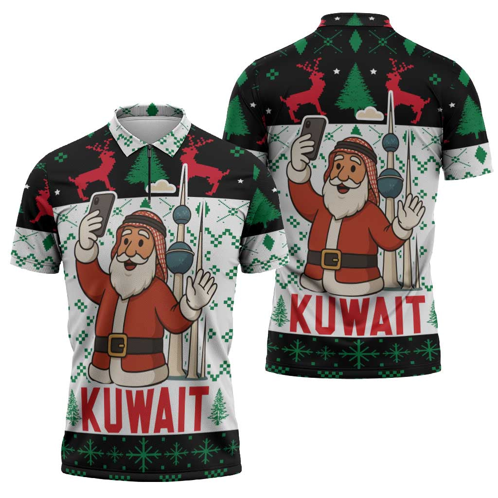 Kuwait Christmas Zipper Polo Shirt with Santa Taking Selfie Kuwait Towers Reindeer and Snowflake - Wonder Print Shop