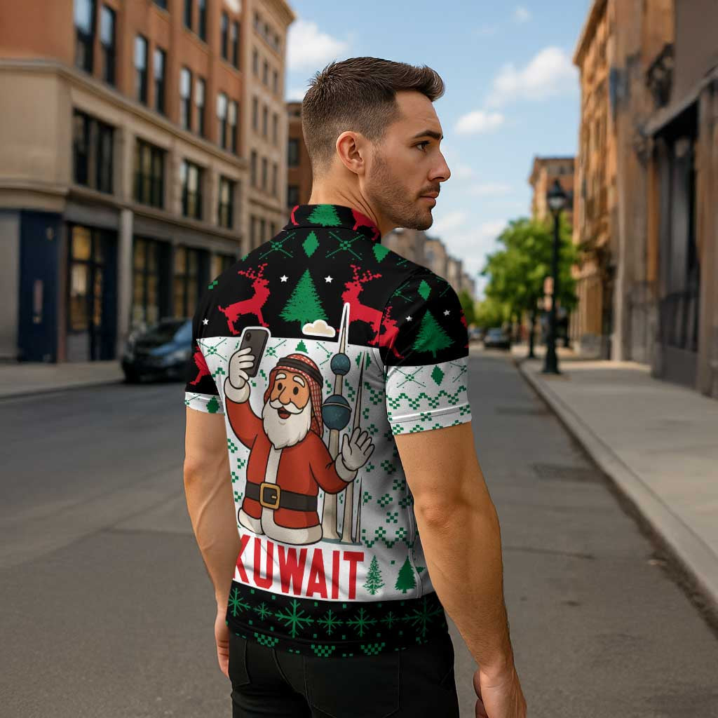 Kuwait Christmas Zipper Polo Shirt with Santa Taking Selfie Kuwait Towers Reindeer and Snowflake - Wonder Print Shop