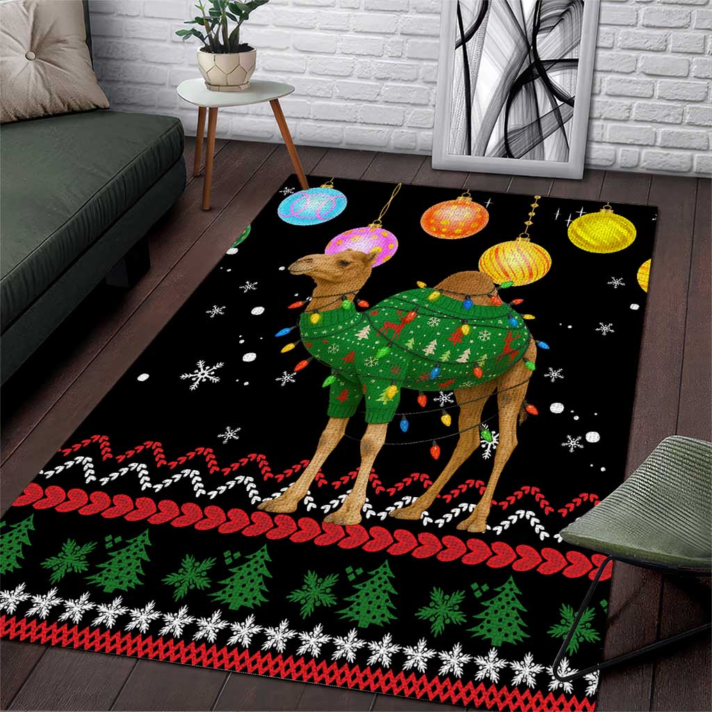 Kuwait Christmas Area Rug with Camel in Festive Ornaments Snowflakes and Green Red - Wonder Print Shop