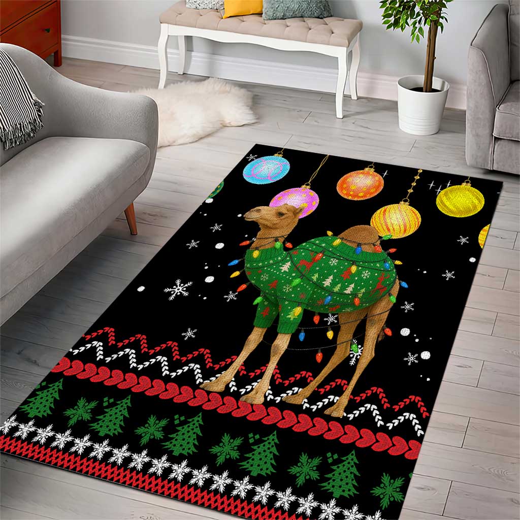 Kuwait Christmas Area Rug with Camel in Festive Ornaments Snowflakes and Green Red - Wonder Print Shop