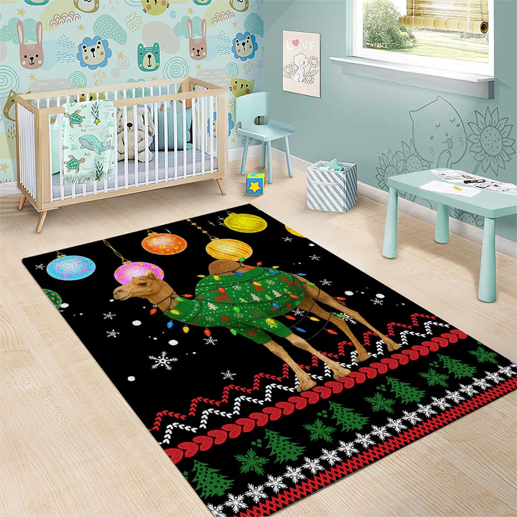 Kuwait Christmas Area Rug with Camel in Festive Ornaments Snowflakes and Green Red - Wonder Print Shop