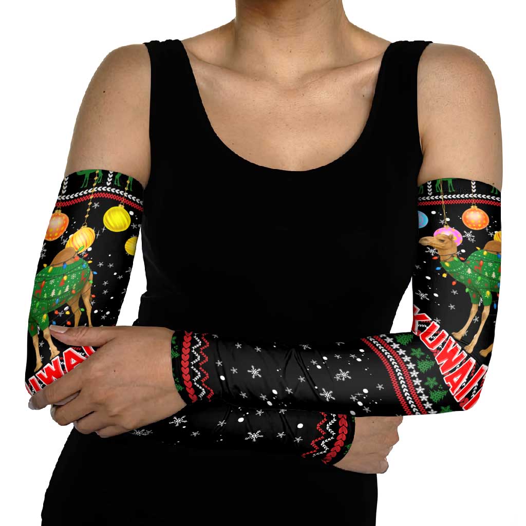 Kuwait Christmas Arm Sleeves with Camel in Festive Ornaments Snowflakes and Green Red - Wonder Print Shop
