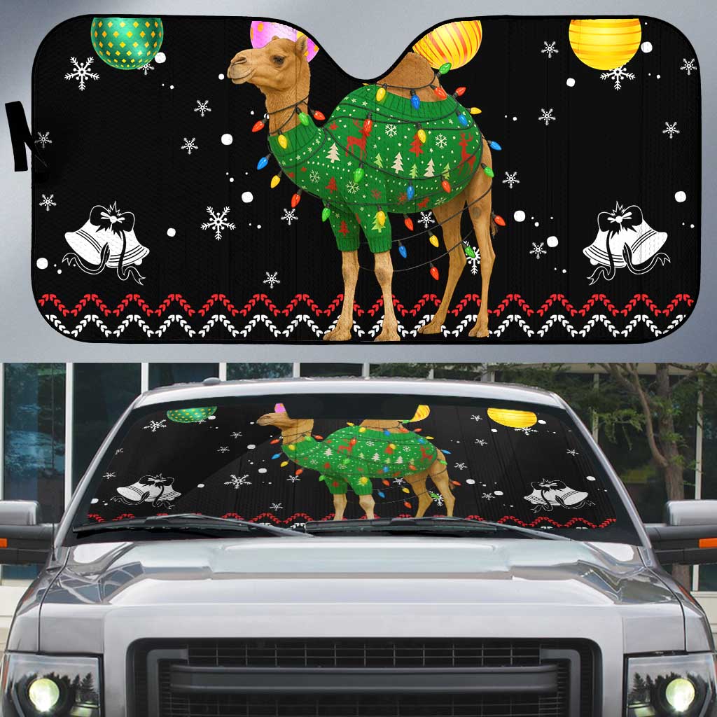 Kuwait Christmas Auto Sun Shade with Camel in Festive Ornaments Snowflakes and Green Red - Wonder Print Shop
