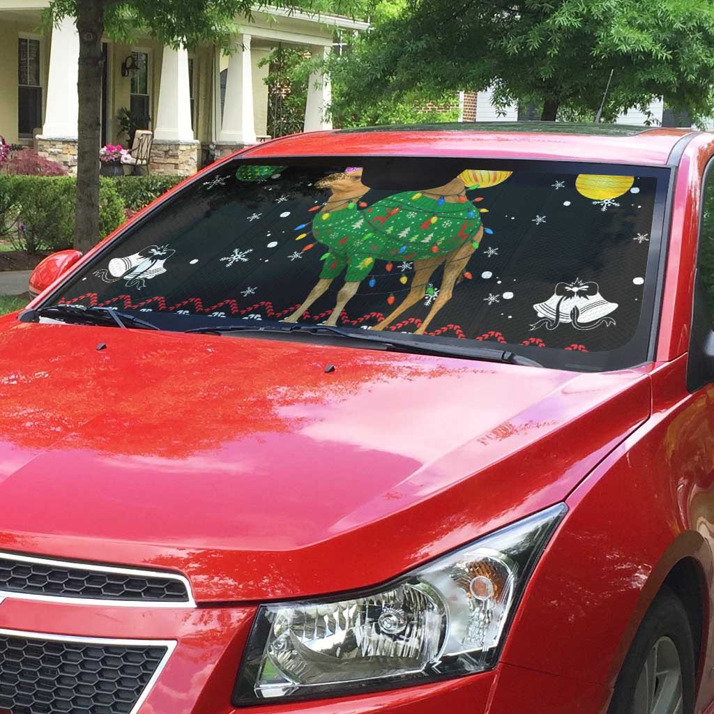 Kuwait Christmas Auto Sun Shade with Camel in Festive Ornaments Snowflakes and Green Red - Wonder Print Shop