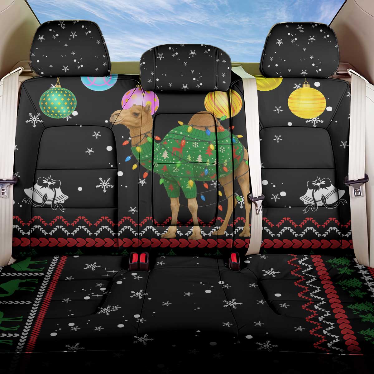 Kuwait Christmas Back Car Seat Cover with Camel in Festive Ornaments Snowflakes and Green Red - Wonder Print Shop