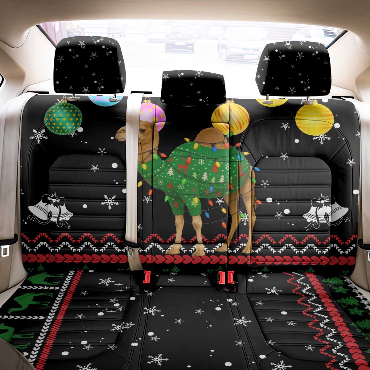 Kuwait Christmas Back Car Seat Cover with Camel in Festive Ornaments Snowflakes and Green Red - Wonder Print Shop