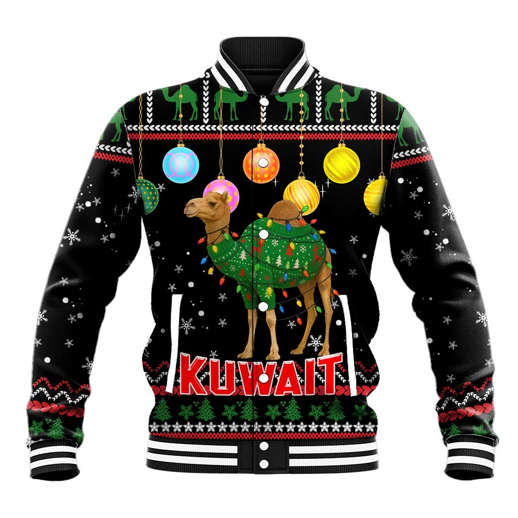 Kuwait Christmas Baseball Jacket with Camel in Festive Ornaments Snowflakes and Green Red - Wonder Print Shop