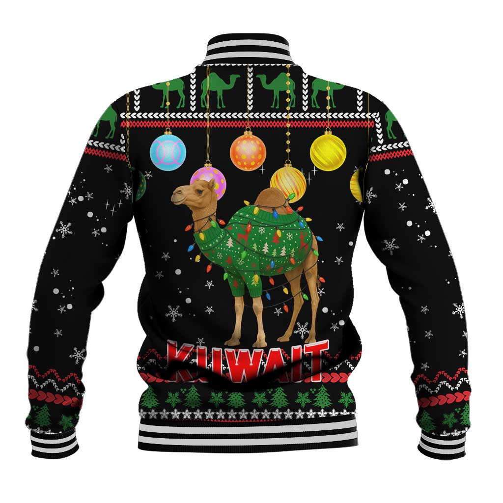 Kuwait Christmas Baseball Jacket with Camel in Festive Ornaments Snowflakes and Green Red - Wonder Print Shop