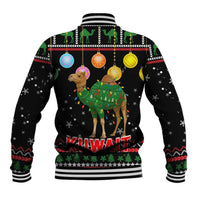 Kuwait Christmas Baseball Jacket with Camel in Festive Ornaments Snowflakes and Green Red - Wonder Print Shop