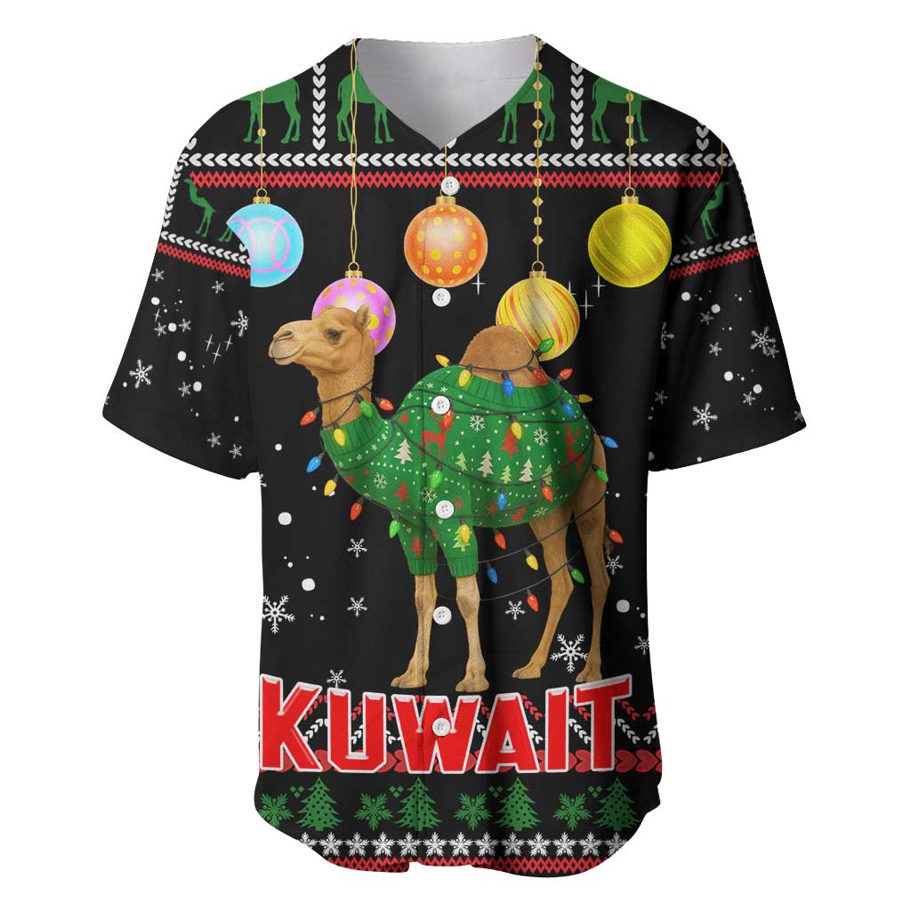 Kuwait Christmas Baseball Jersey with Camel in Festive Ornaments Snowflakes and Green Red - Wonder Print Shop