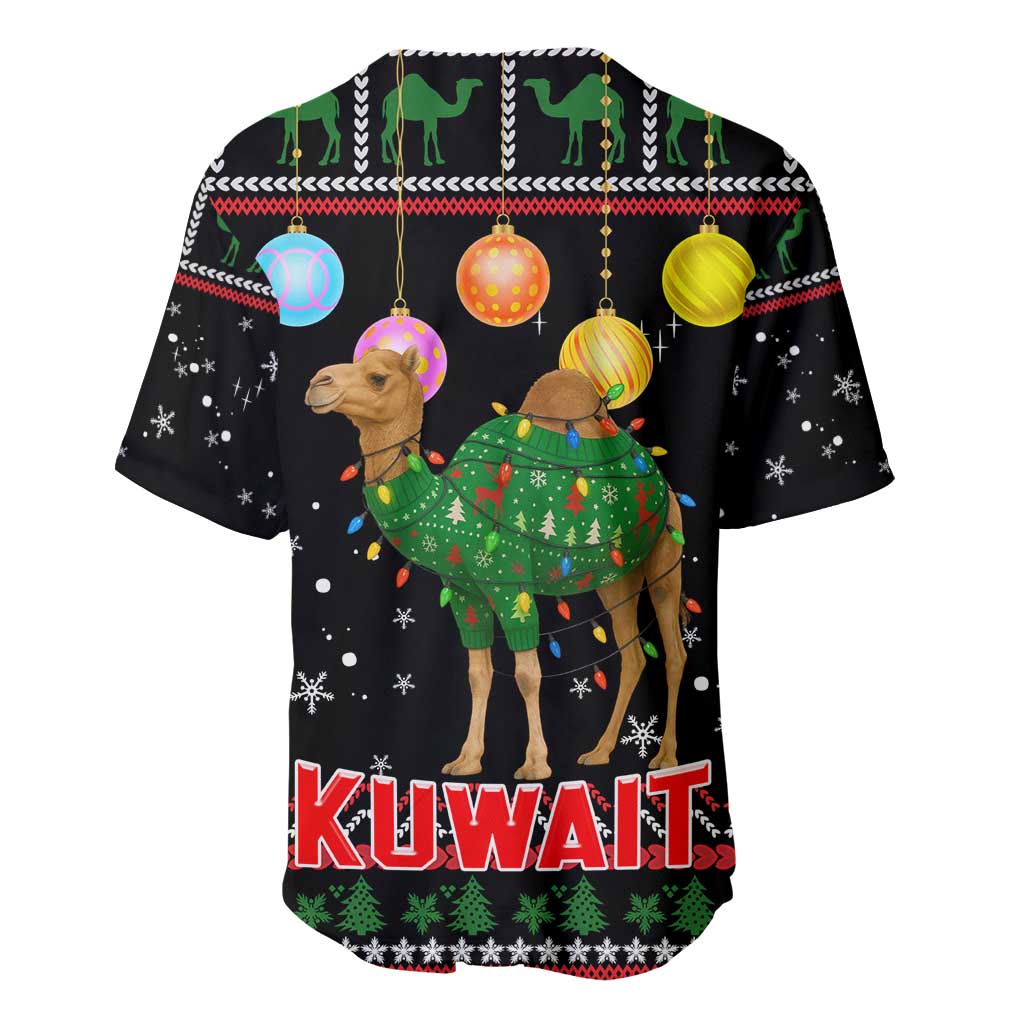 Kuwait Christmas Baseball Jersey with Camel in Festive Ornaments Snowflakes and Green Red - Wonder Print Shop