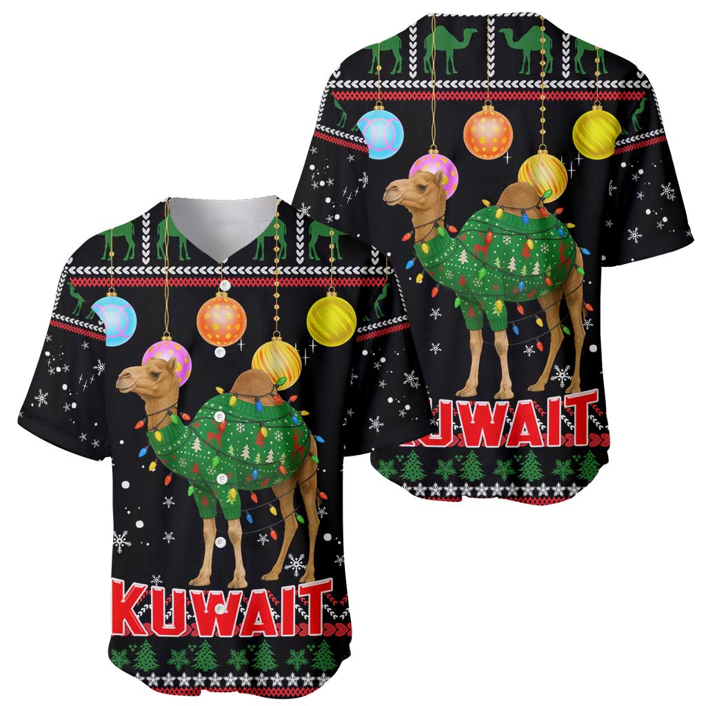 Kuwait Christmas Baseball Jersey with Camel in Festive Ornaments Snowflakes and Green Red - Wonder Print Shop