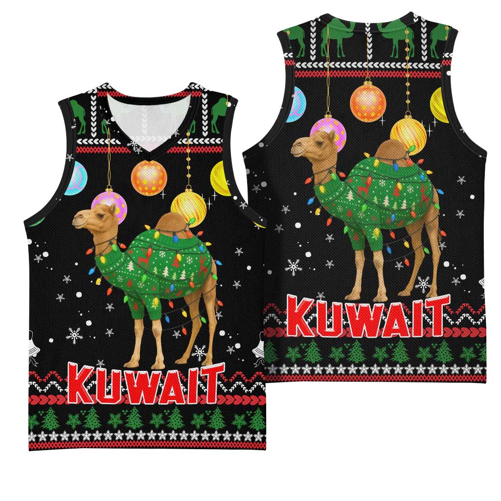 Kuwait Christmas Basketball Jersey with Camel in Festive Ornaments Snowflakes and Green Red - Wonder Print Shop