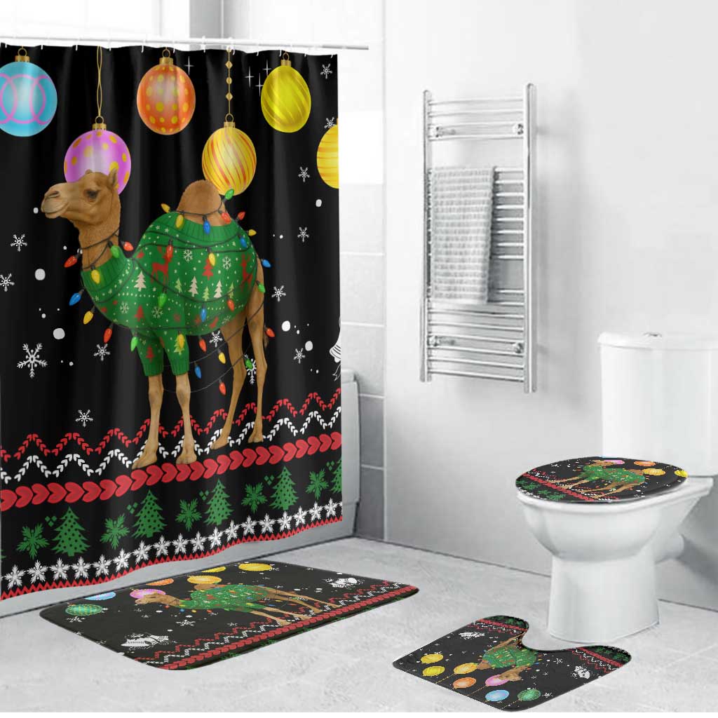 Kuwait Christmas Bathroom Set with Camel in Festive Ornaments Snowflakes and Green Red - Wonder Print Shop