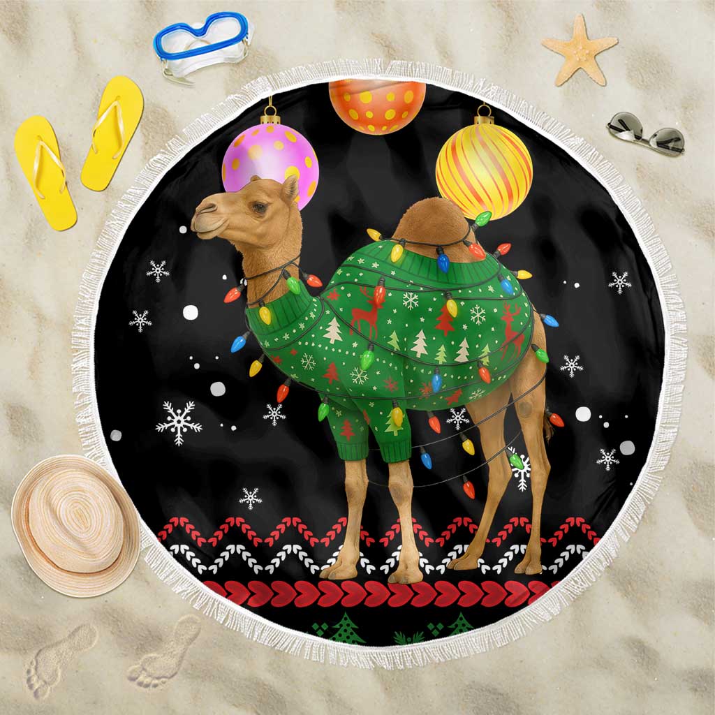 Kuwait Christmas Beach Blanket with Camel in Festive Ornaments Snowflakes and Green Red - Wonder Print Shop