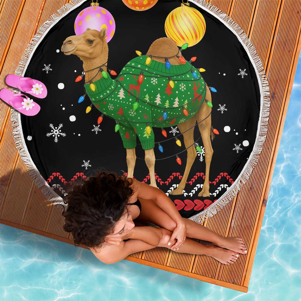 Kuwait Christmas Beach Blanket with Camel in Festive Ornaments Snowflakes and Green Red - Wonder Print Shop