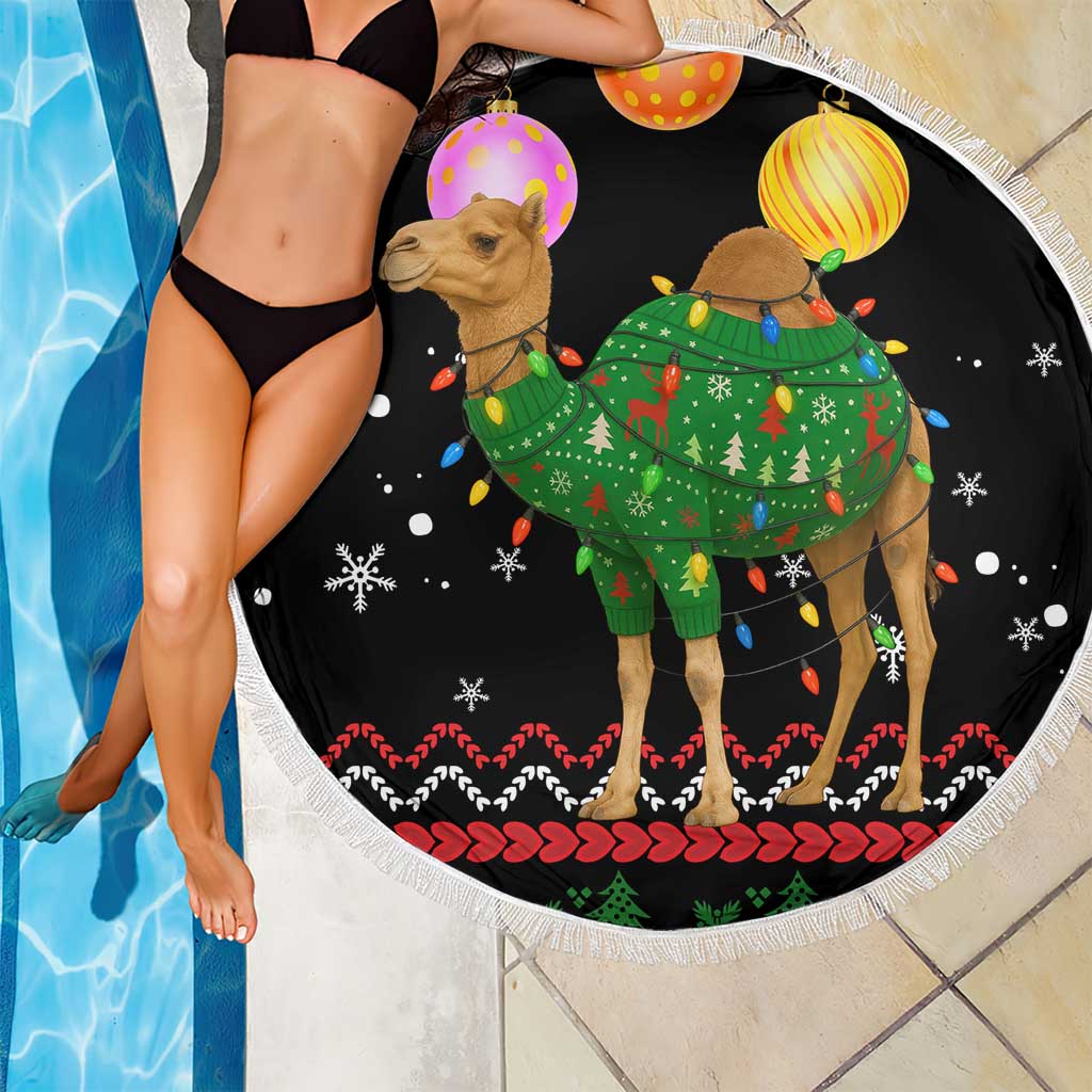 Kuwait Christmas Beach Blanket with Camel in Festive Ornaments Snowflakes and Green Red - Wonder Print Shop