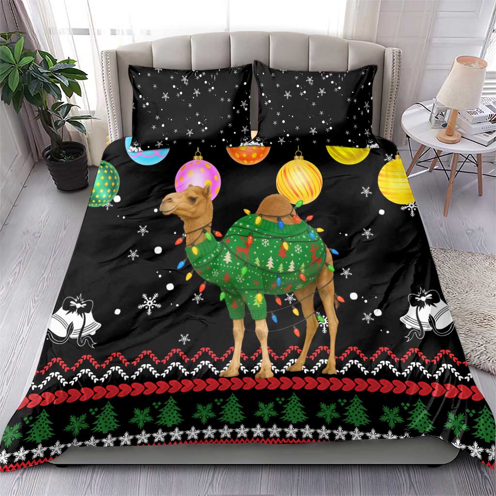 Kuwait Christmas Bedding Set with Camel in Festive Ornaments Snowflakes and Green Red - Wonder Print Shop