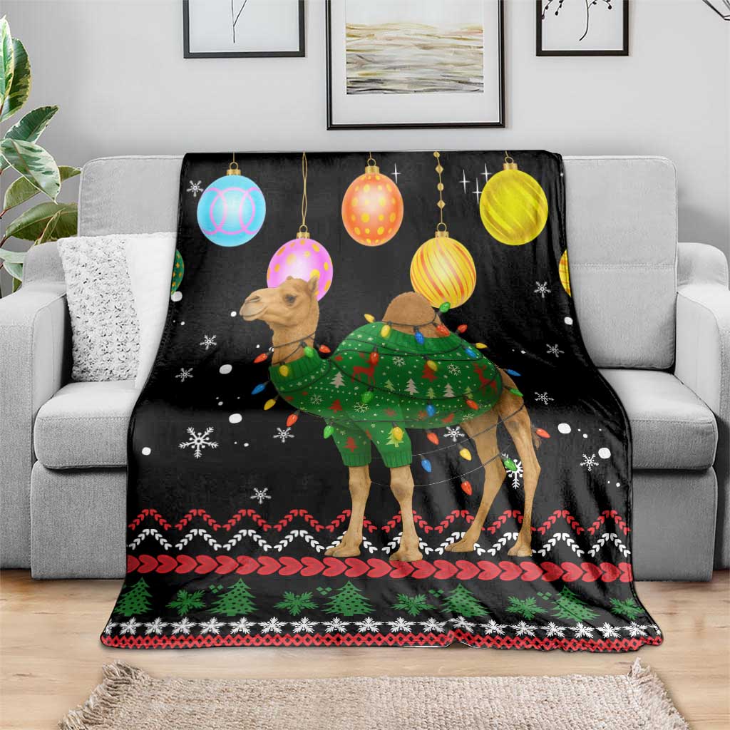 Kuwait Christmas Blanket with Camel in Festive Ornaments Snowflakes and Green Red - Wonder Print Shop