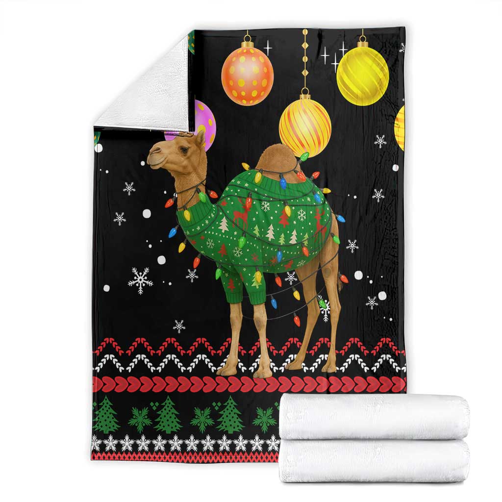 Kuwait Christmas Blanket with Camel in Festive Ornaments Snowflakes and Green Red - Wonder Print Shop