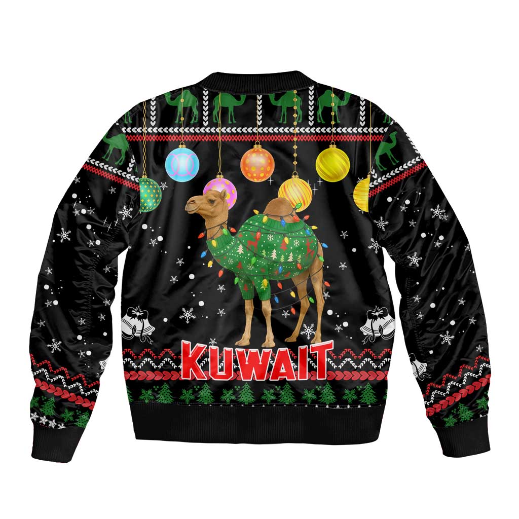 Kuwait Christmas Bomber Jacket with Camel in Festive Ornaments Snowflakes and Green Red - Wonder Print Shop
