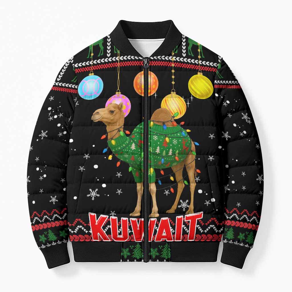 Kuwait Christmas Bomber Puffer Jacket with Camel in Festive Ornaments Snowflakes and Green Red - Wonder Print Shop