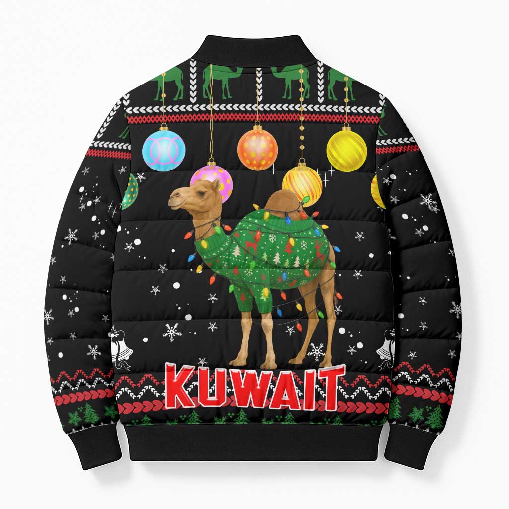 Kuwait Christmas Bomber Puffer Jacket with Camel in Festive Ornaments Snowflakes and Green Red - Wonder Print Shop