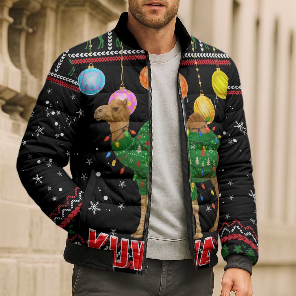 Kuwait Christmas Bomber Puffer Jacket with Camel in Festive Ornaments Snowflakes and Green Red - Wonder Print Shop