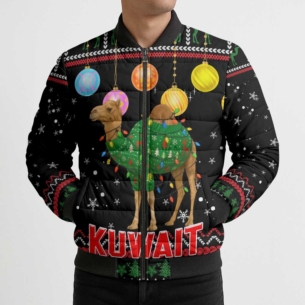Kuwait Christmas Bomber Puffer Jacket with Camel in Festive Ornaments Snowflakes and Green Red - Wonder Print Shop