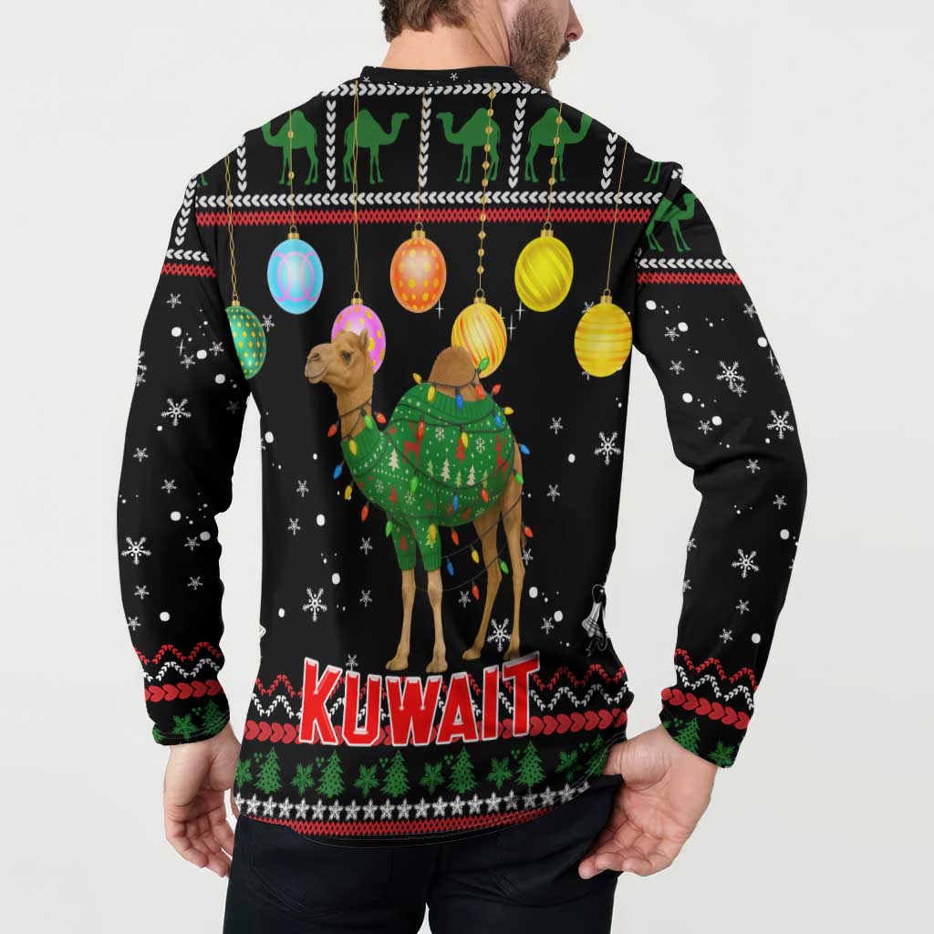 Kuwait Christmas Button Sweatshirt with Camel in Festive Ornaments Snowflakes and Green Red - Wonder Print Shop