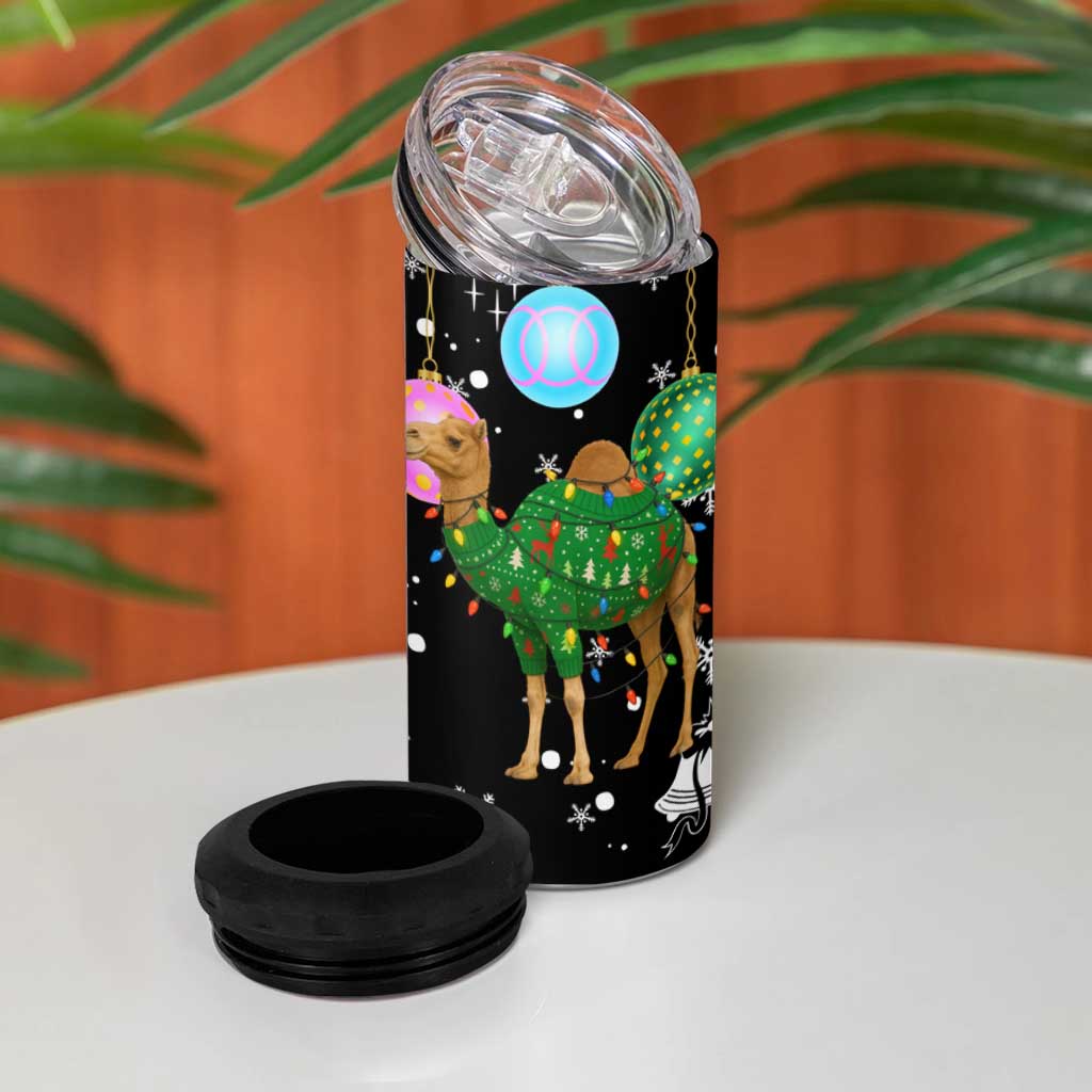 Kuwait Christmas 4 in 1 Can Cooler Tumbler with Camel in Festive Ornaments Snowflakes and Green Red - Wonder Print Shop