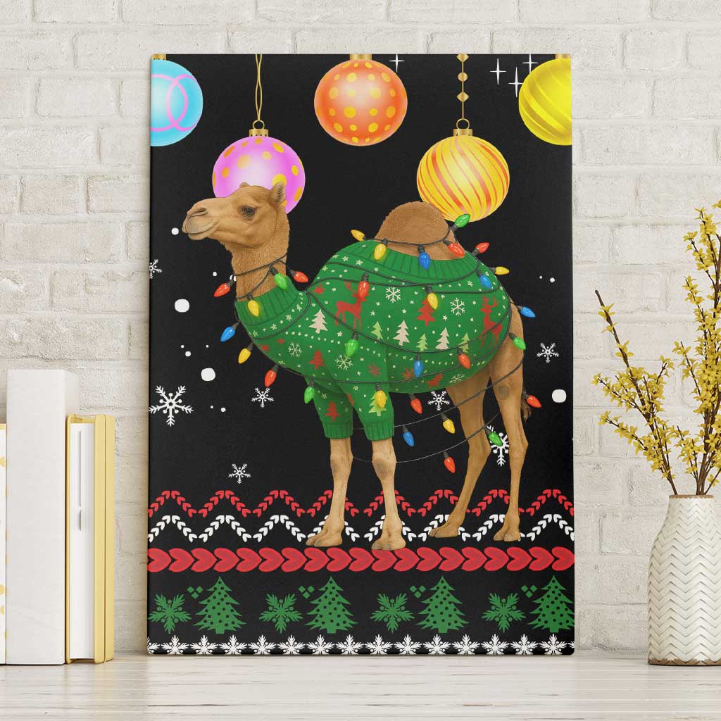 Kuwait Christmas Canvas Wall Art with Camel in Festive Ornaments Snowflakes and Green Red - Wonder Print Shop