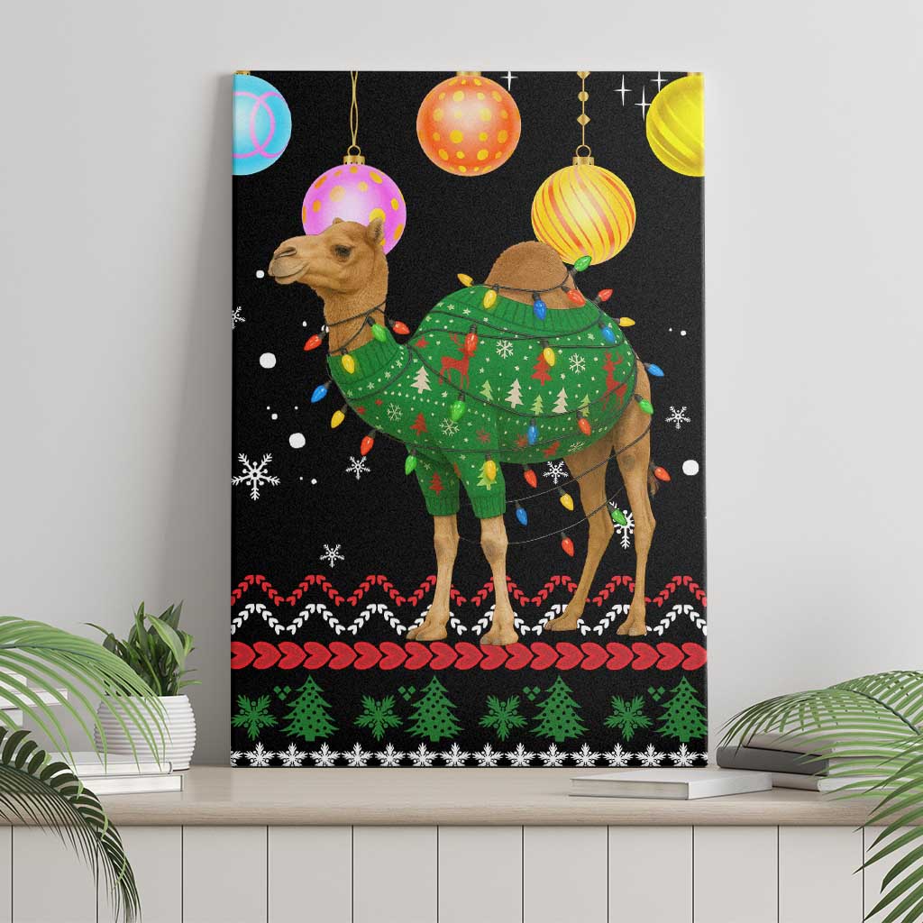 Kuwait Christmas Canvas Wall Art with Camel in Festive Ornaments Snowflakes and Green Red - Wonder Print Shop