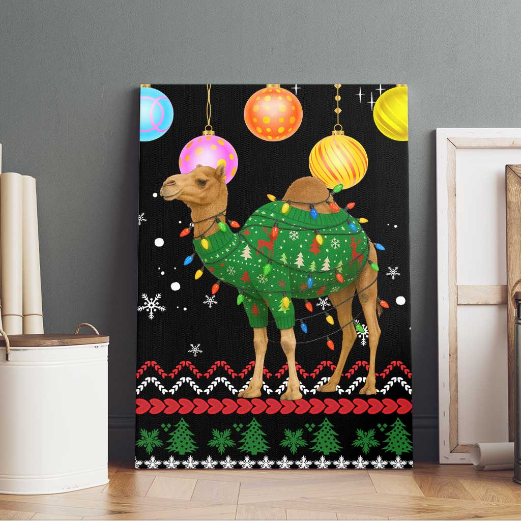 Kuwait Christmas Canvas Wall Art with Camel in Festive Ornaments Snowflakes and Green Red - Wonder Print Shop