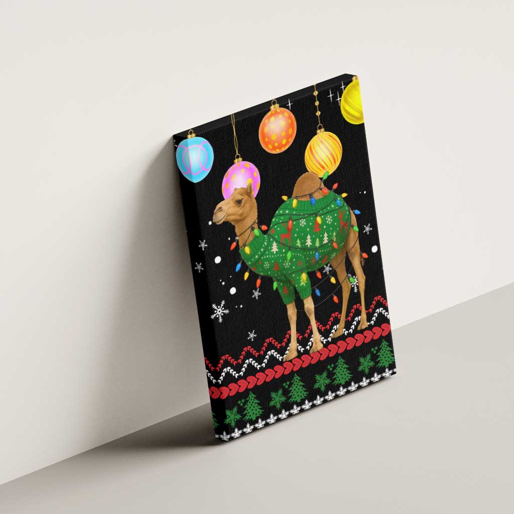 Kuwait Christmas Canvas Wall Art with Camel in Festive Ornaments Snowflakes and Green Red - Wonder Print Shop