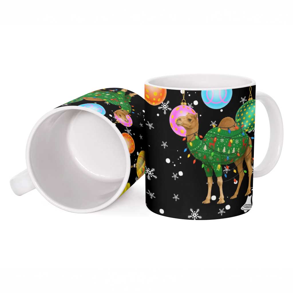 Kuwait Christmas Ceramic Mug with Camel in Festive Ornaments Snowflakes and Green Red - Wonder Print Shop