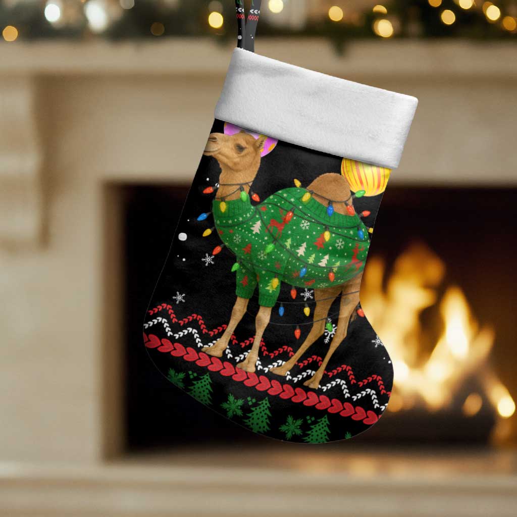 Kuwait Christmas Stocking with Camel in Festive Ornaments Snowflakes and Green Red - Wonder Print Shop