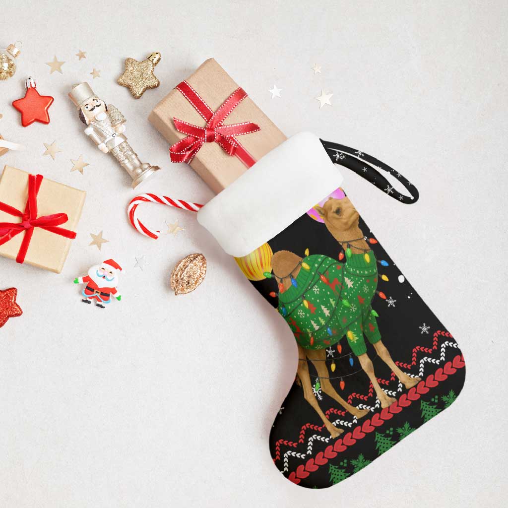 Kuwait Christmas Stocking with Camel in Festive Ornaments Snowflakes and Green Red - Wonder Print Shop