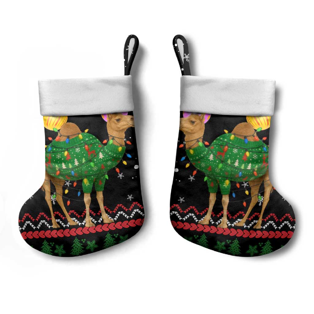 Kuwait Christmas Stocking with Camel in Festive Ornaments Snowflakes and Green Red - Wonder Print Shop