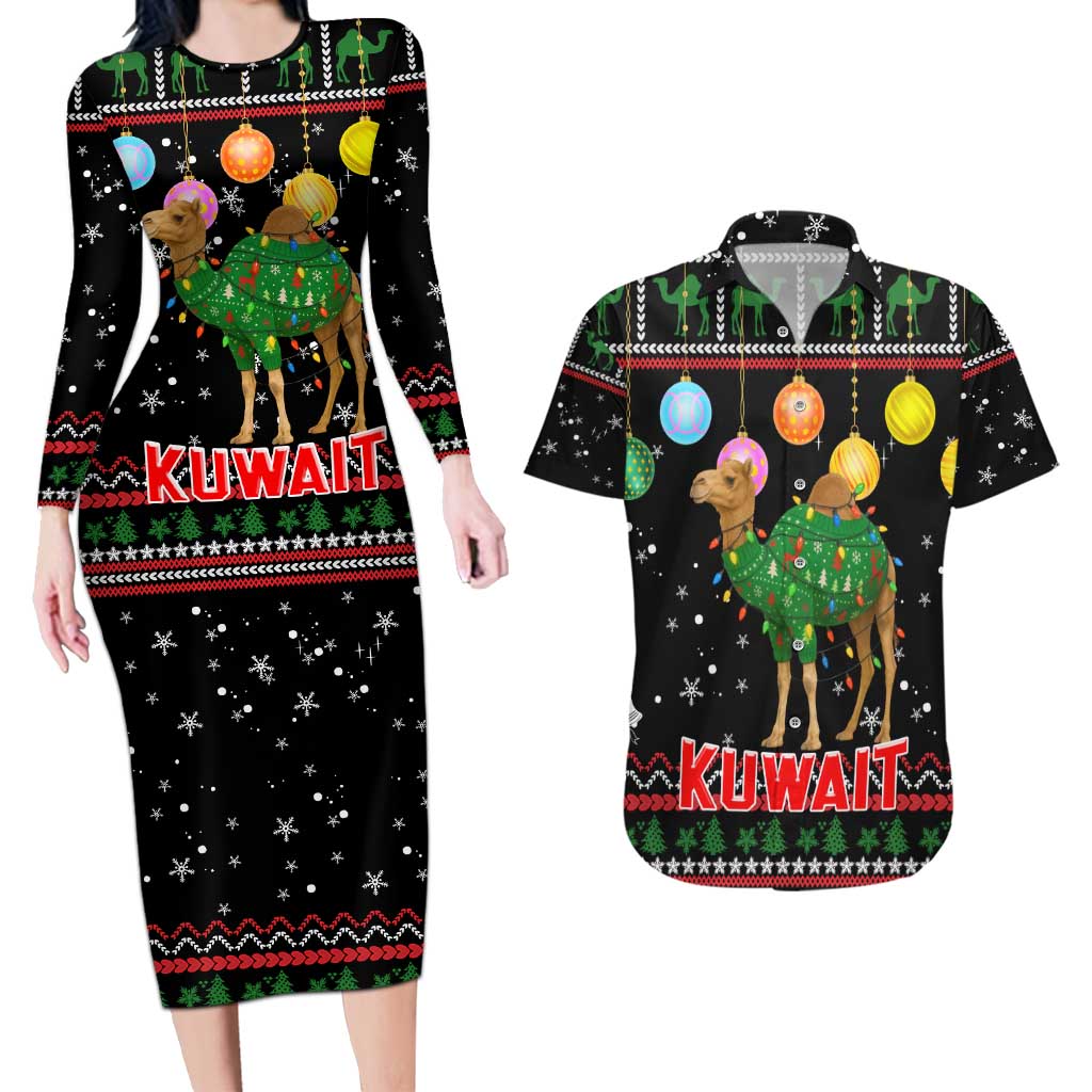 Kuwait Christmas Couples Matching Long Sleeve Bodycon Dress and Hawaiian Shirt with Camel in Festive Ornaments Snowflakes and Green Red - Wonder Print Shop
