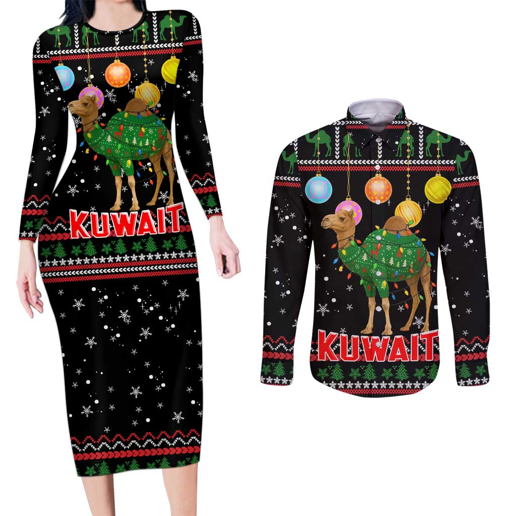 Kuwait Christmas Couples Matching Long Sleeve Bodycon Dress and Long Sleeve Button Shirt with Camel in Festive Ornaments Snowflakes and Green Red - Wonder Print Shop
