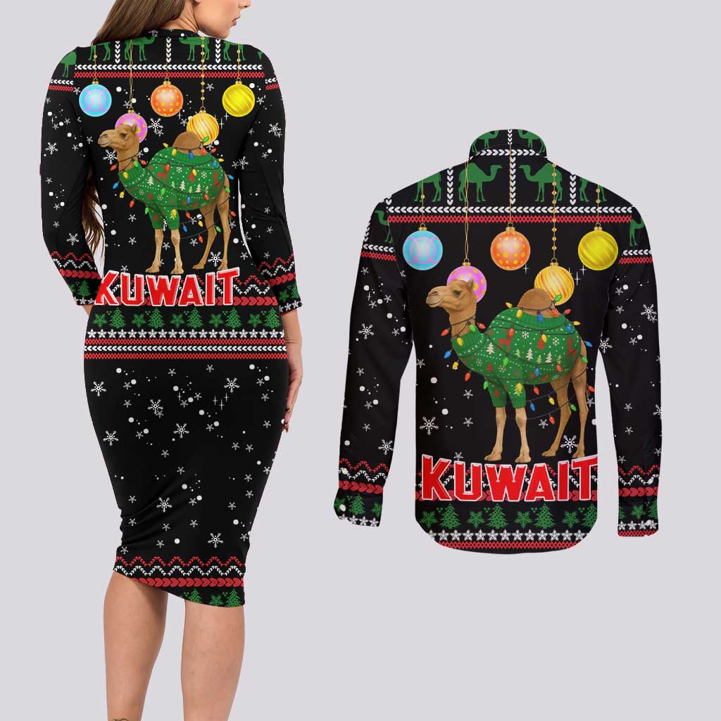 Kuwait Christmas Couples Matching Long Sleeve Bodycon Dress and Long Sleeve Button Shirt with Camel in Festive Ornaments Snowflakes and Green Red - Wonder Print Shop