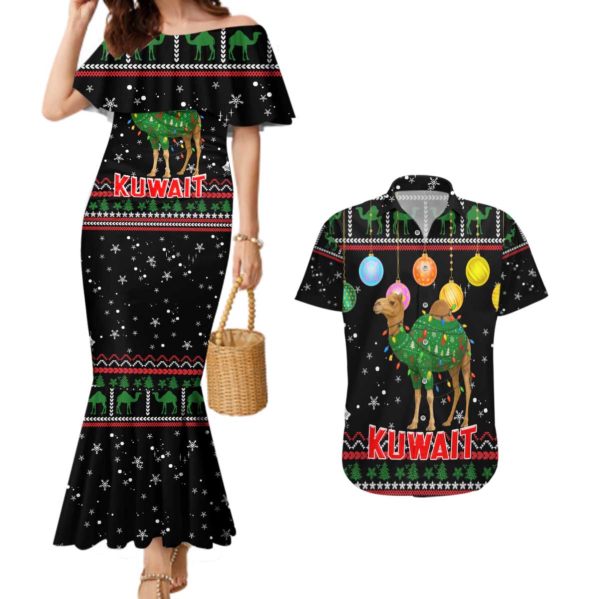 Kuwait Christmas Couples Matching Mermaid Dress and Hawaiian Shirt with Camel in Festive Ornaments Snowflakes and Green Red - Wonder Print Shop